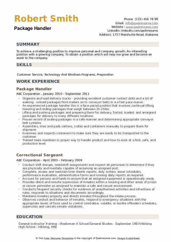 package handler job description for resume