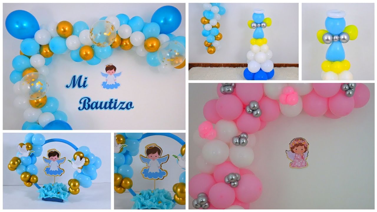 decoracion con globos para bautizo de niña en casa