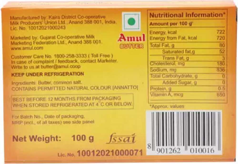 amul butter nutritional value per 100g