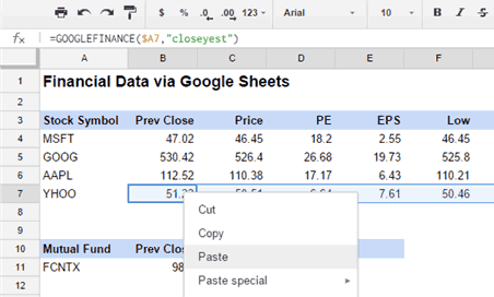 google finance quotes in excel