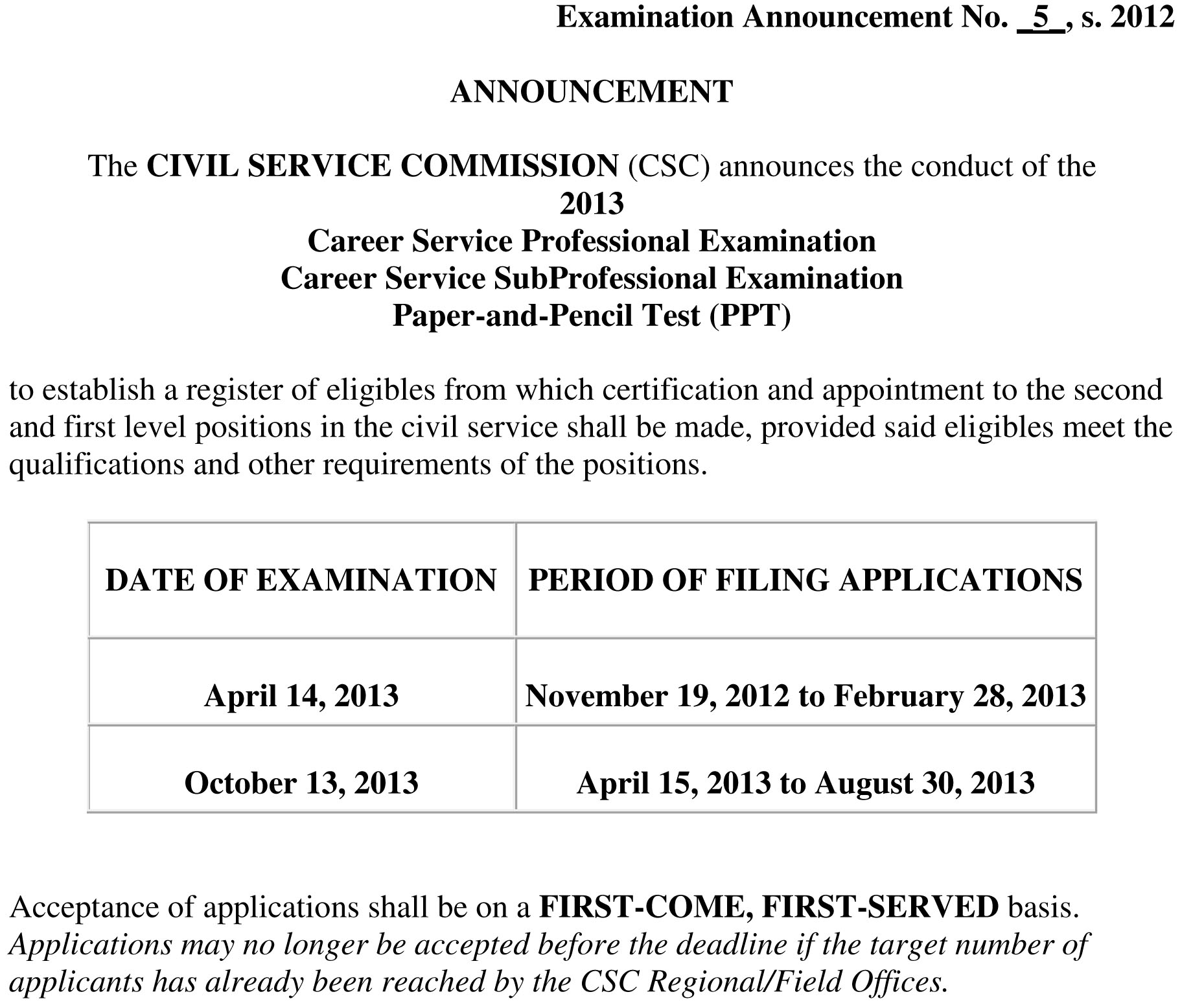 civil service exam may 2012