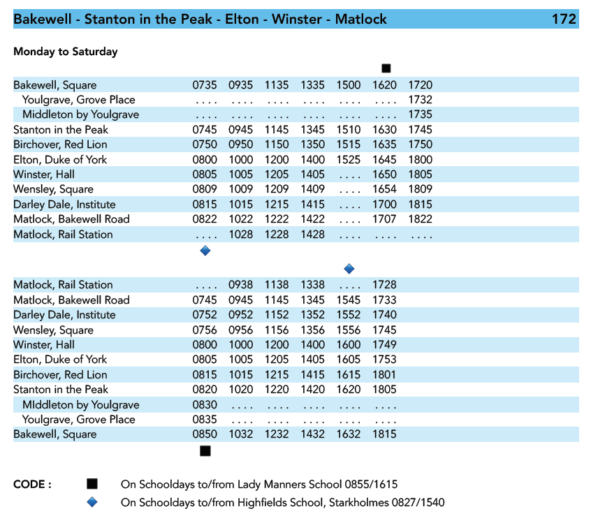 bakewell bus timetable