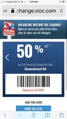 valvoline oil coupon 50 off