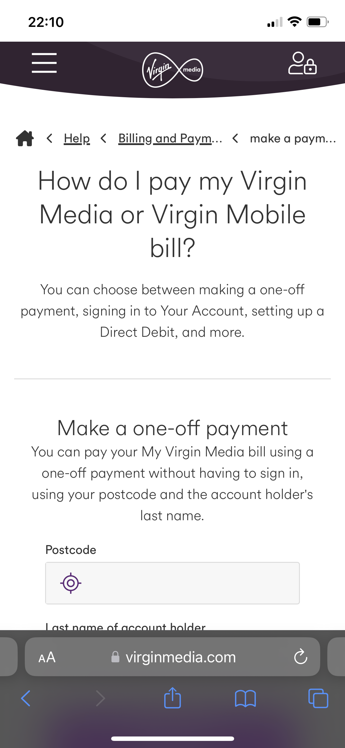 virgin media one off payment