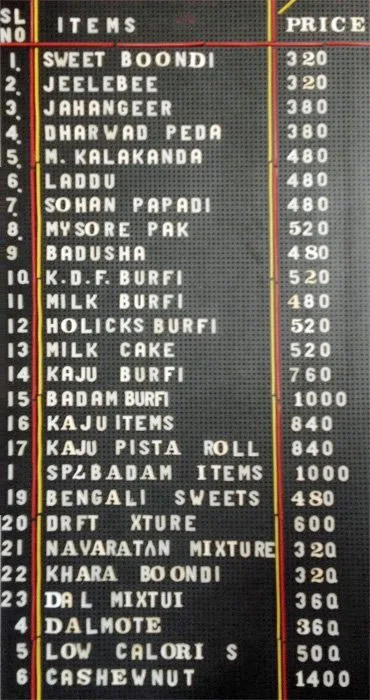 asha sweets price list