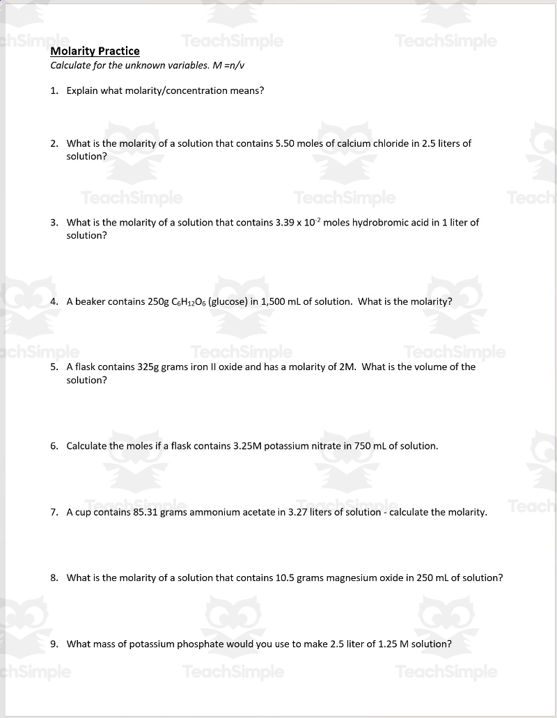 molarity problems worksheet