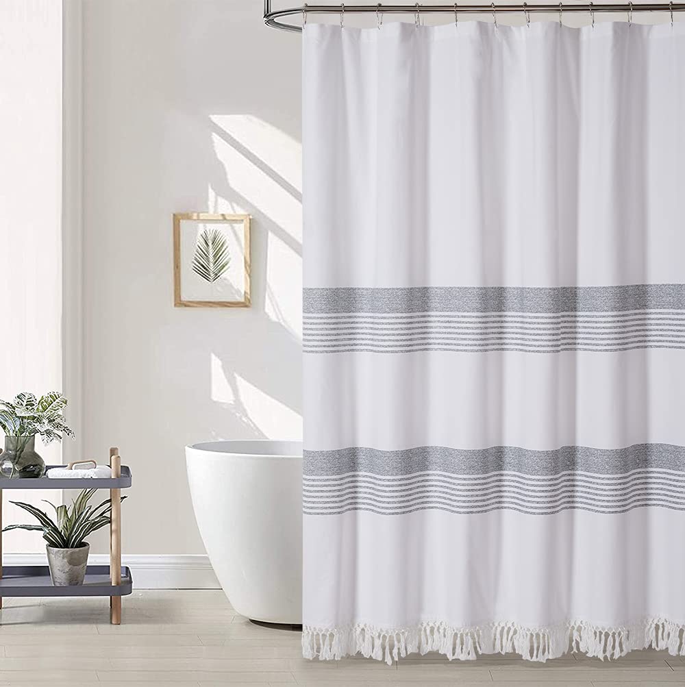 gray and white shower curtain