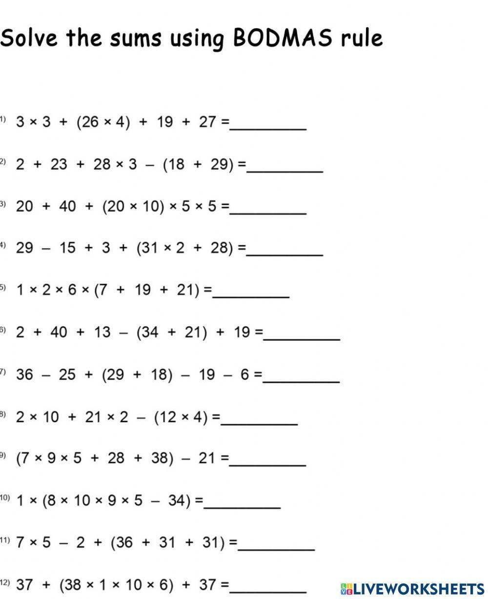 bodmas rule questions for class 5