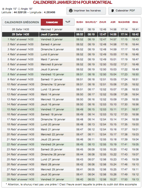 horaires de prières montréal