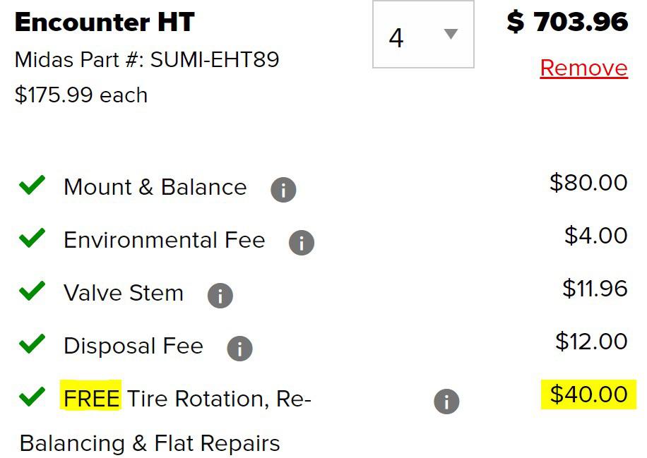 midas service prices