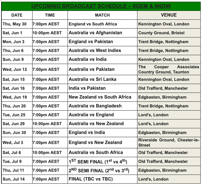 channel 9 cricket world cup schedule