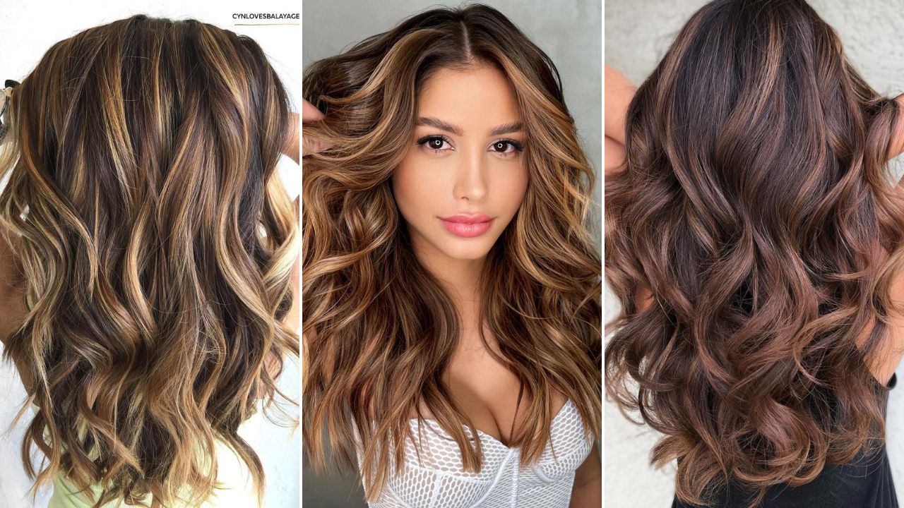 dark brown hair with caramel highlights