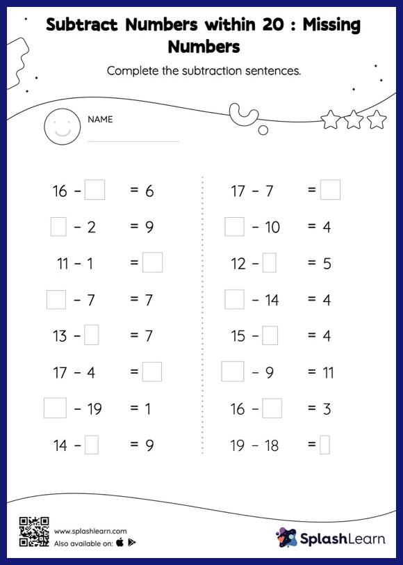 missing number subtraction worksheets