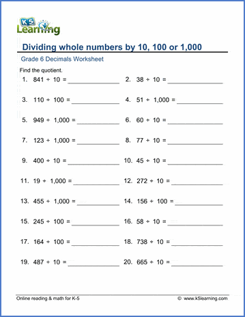 dividing by 10 100 and 1000 worksheet