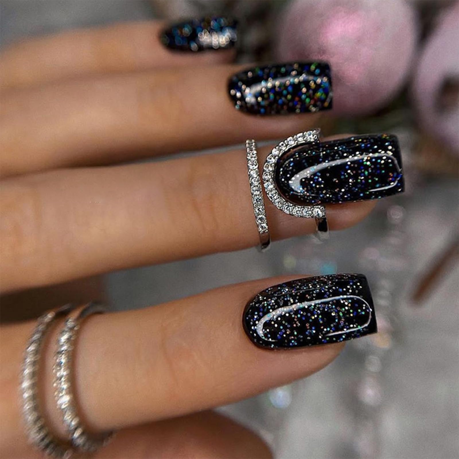 acrylic nails black glitter