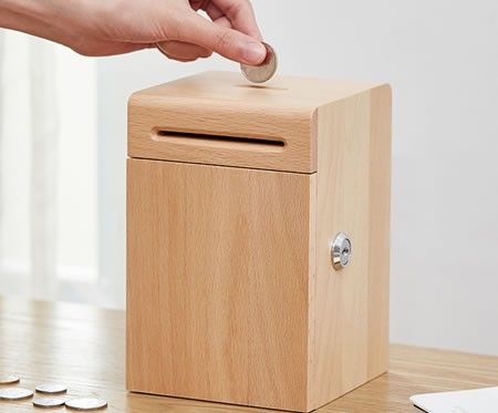 wooden piggy bank with lock