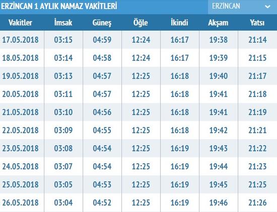 erzincan ezan vakti