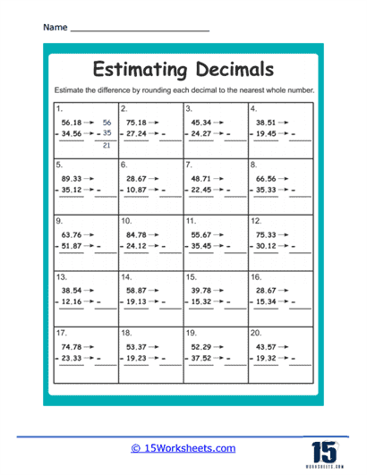 estimating adding and subtracting decimals worksheets