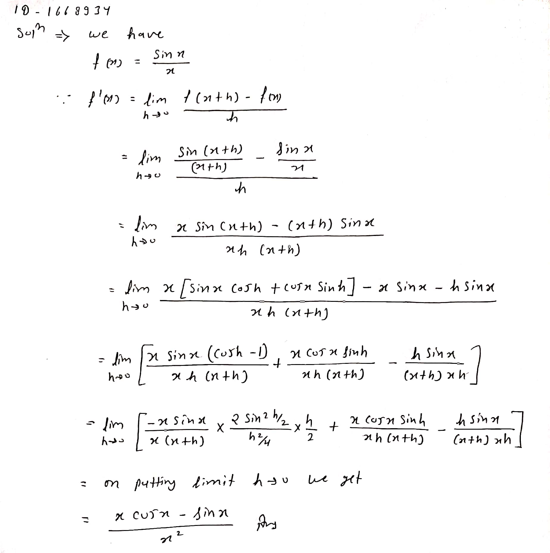 find the derivative of sinx from first principle