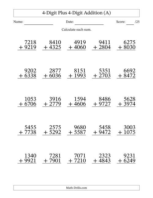 four digits addition worksheet