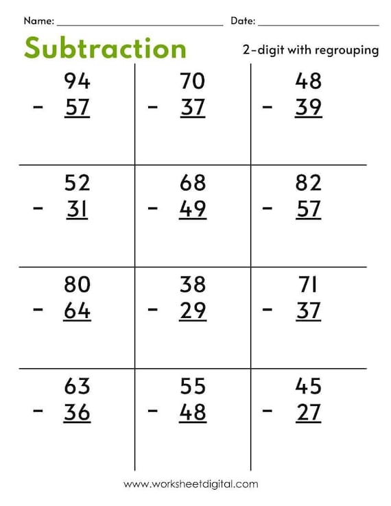 grade 2 math worksheets addition and subtraction with regrouping