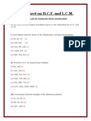 hcf by division method worksheets