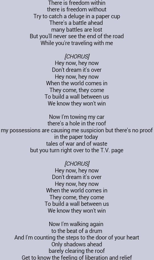 hey now dont dream its over lyrics