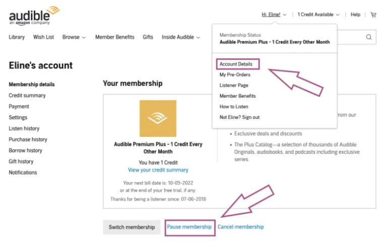 how to pause audible membership