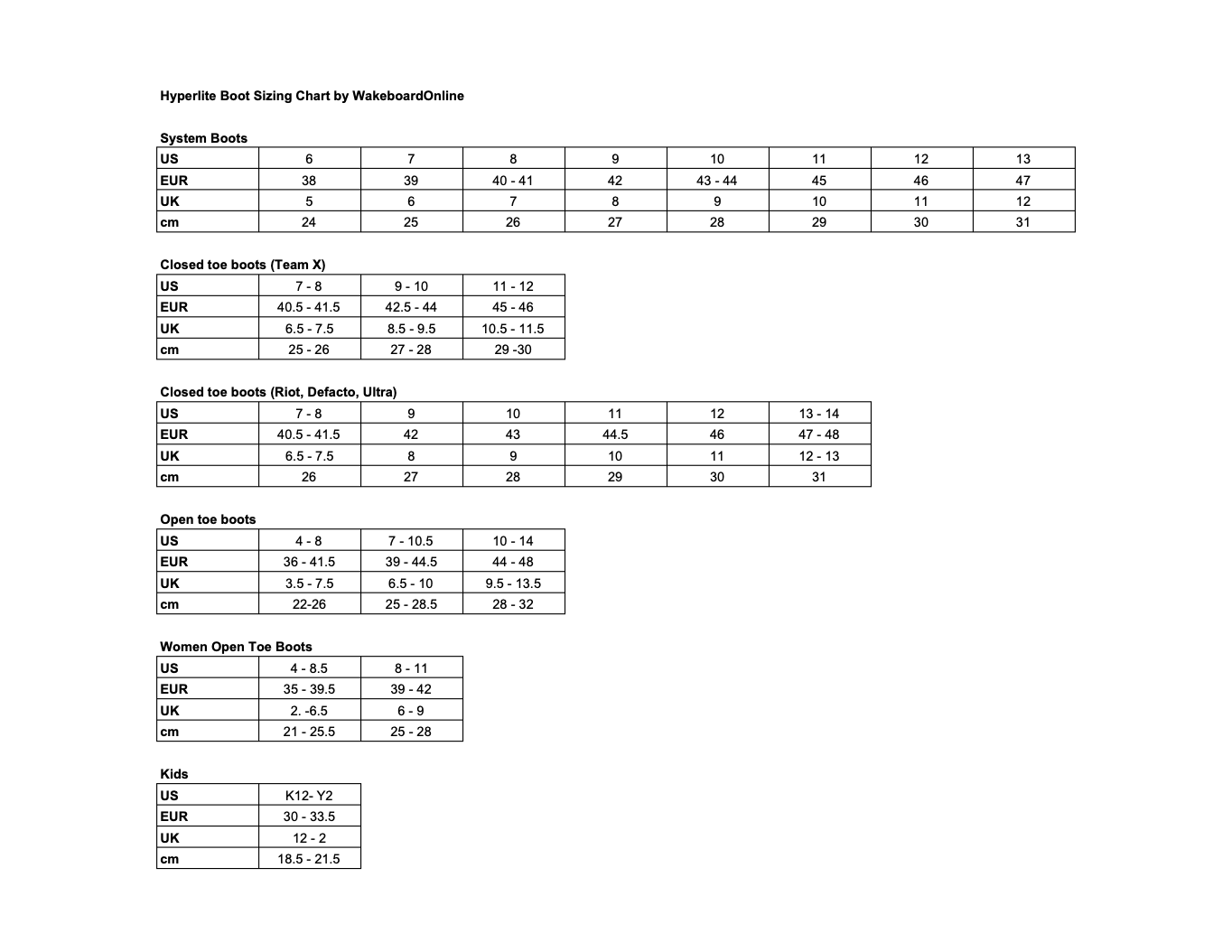 hyperlite wakeboard size chart