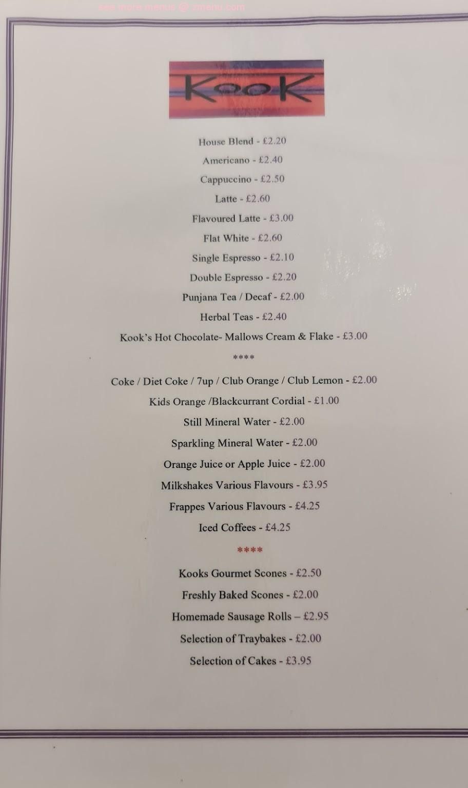 kook bangor menu