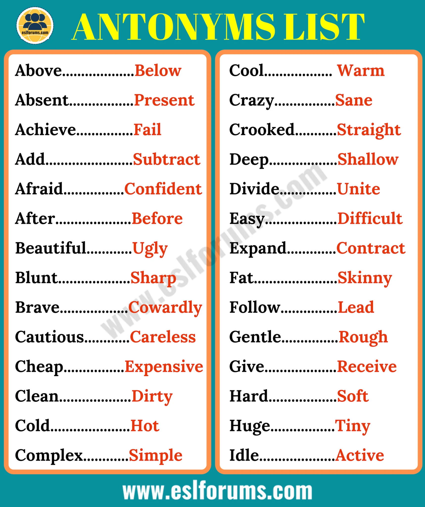 list of antonyms