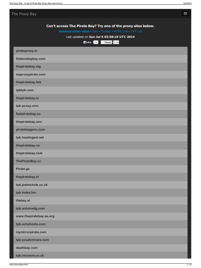 list of pirate proxy sites