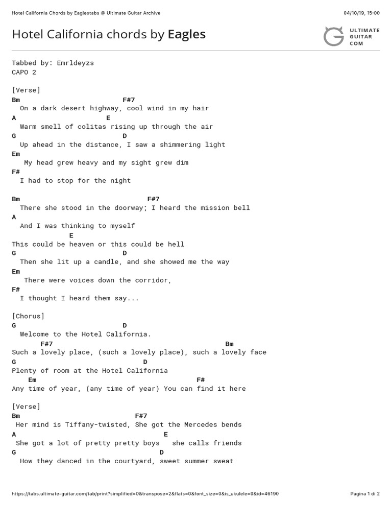 lyrics and chords for hotel california