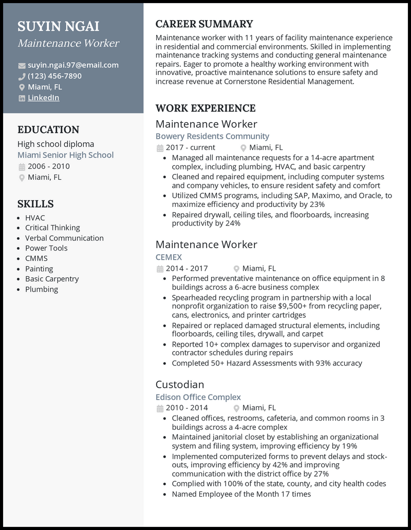 maintenance technician resume summary