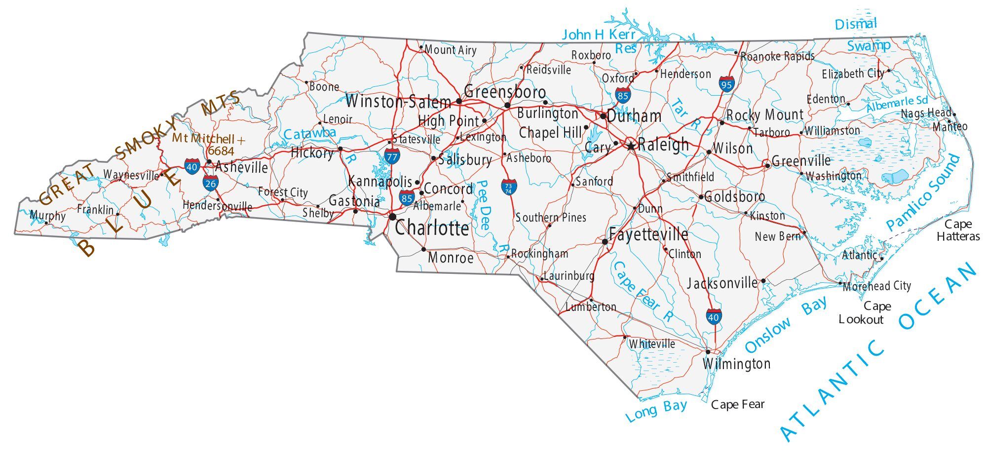 map of north carolina with major cities