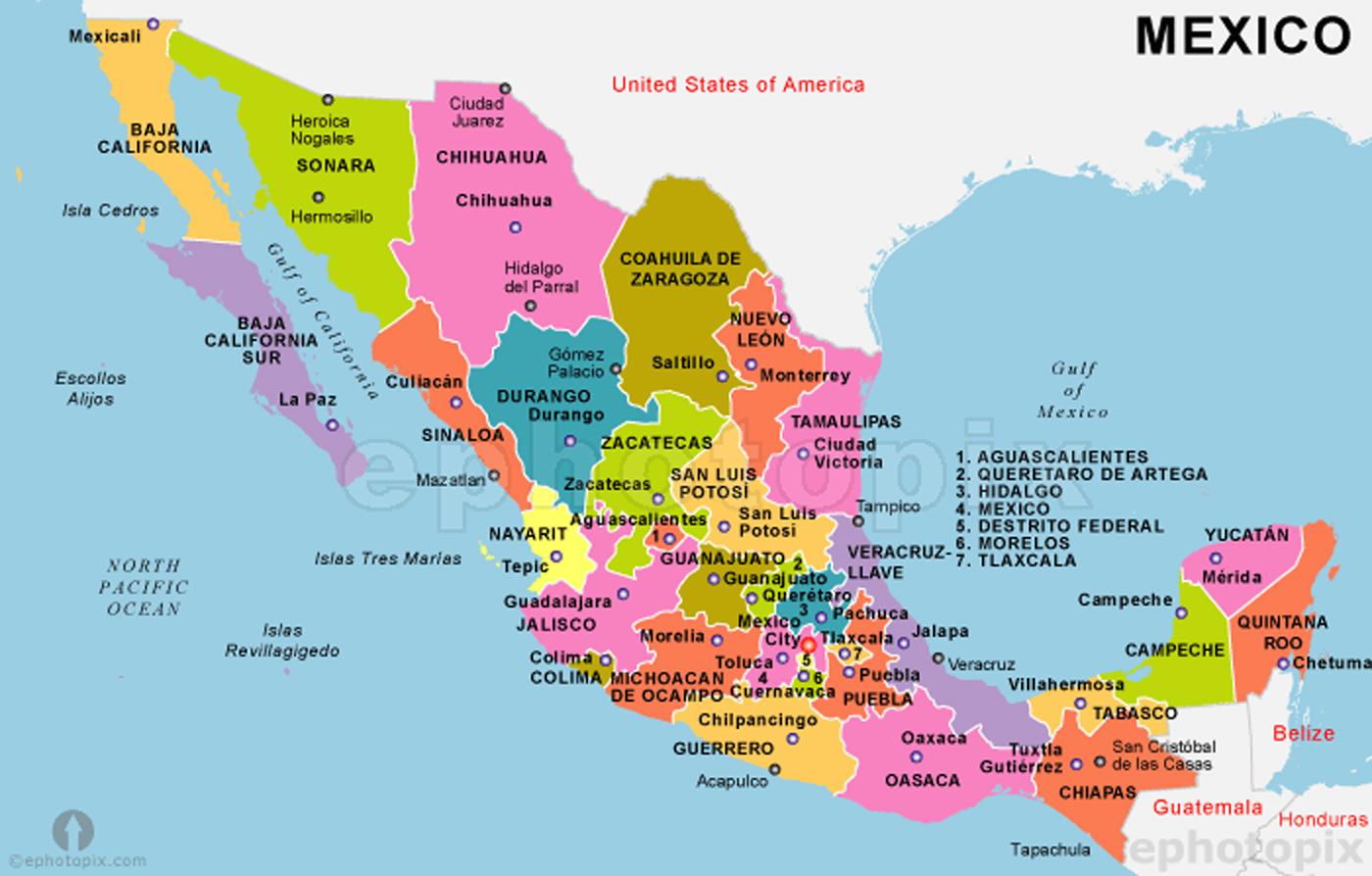 mapa de estados y capitales de mexico