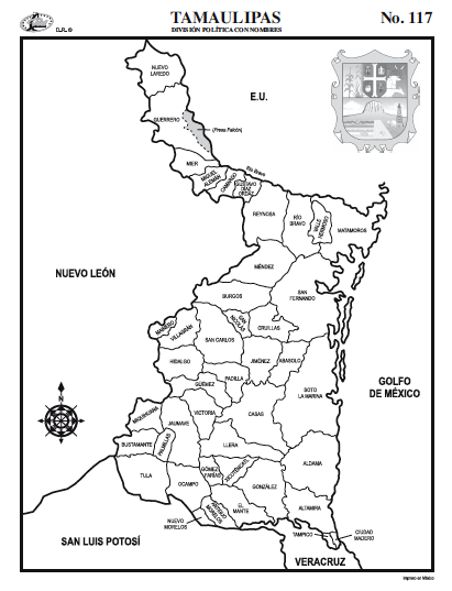 mapa de tamaulipas con nombres para colorear