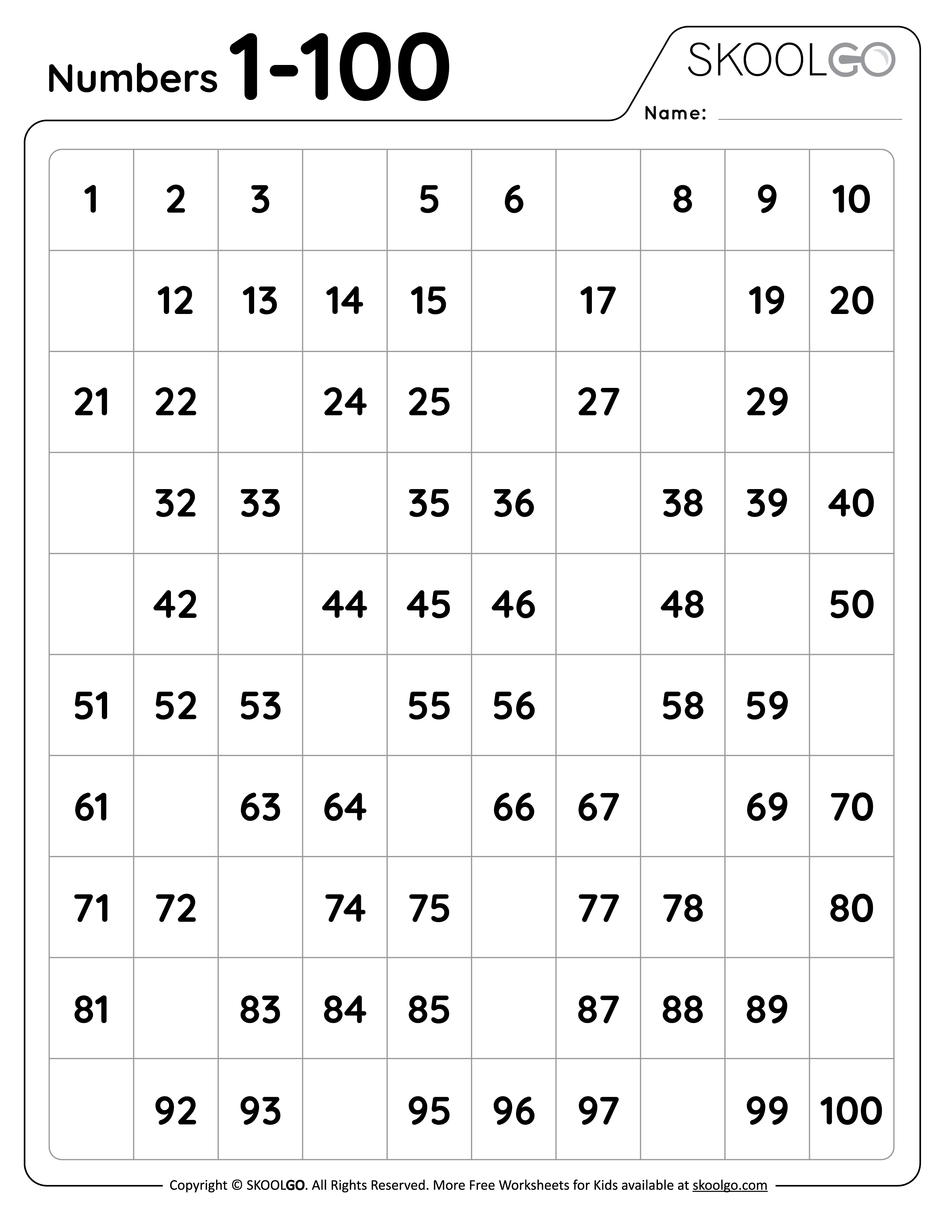 numbers to 100 worksheet