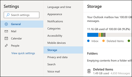 outlook mailbox size limit check