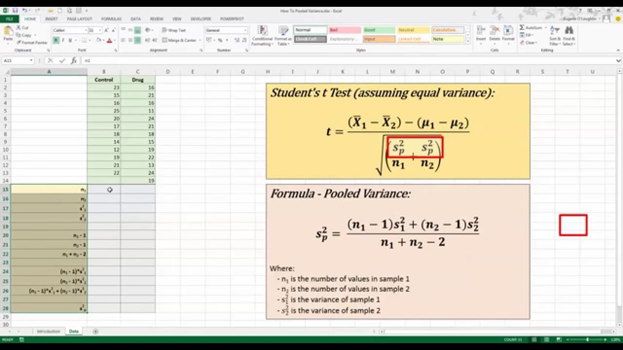 pooled variance in excel