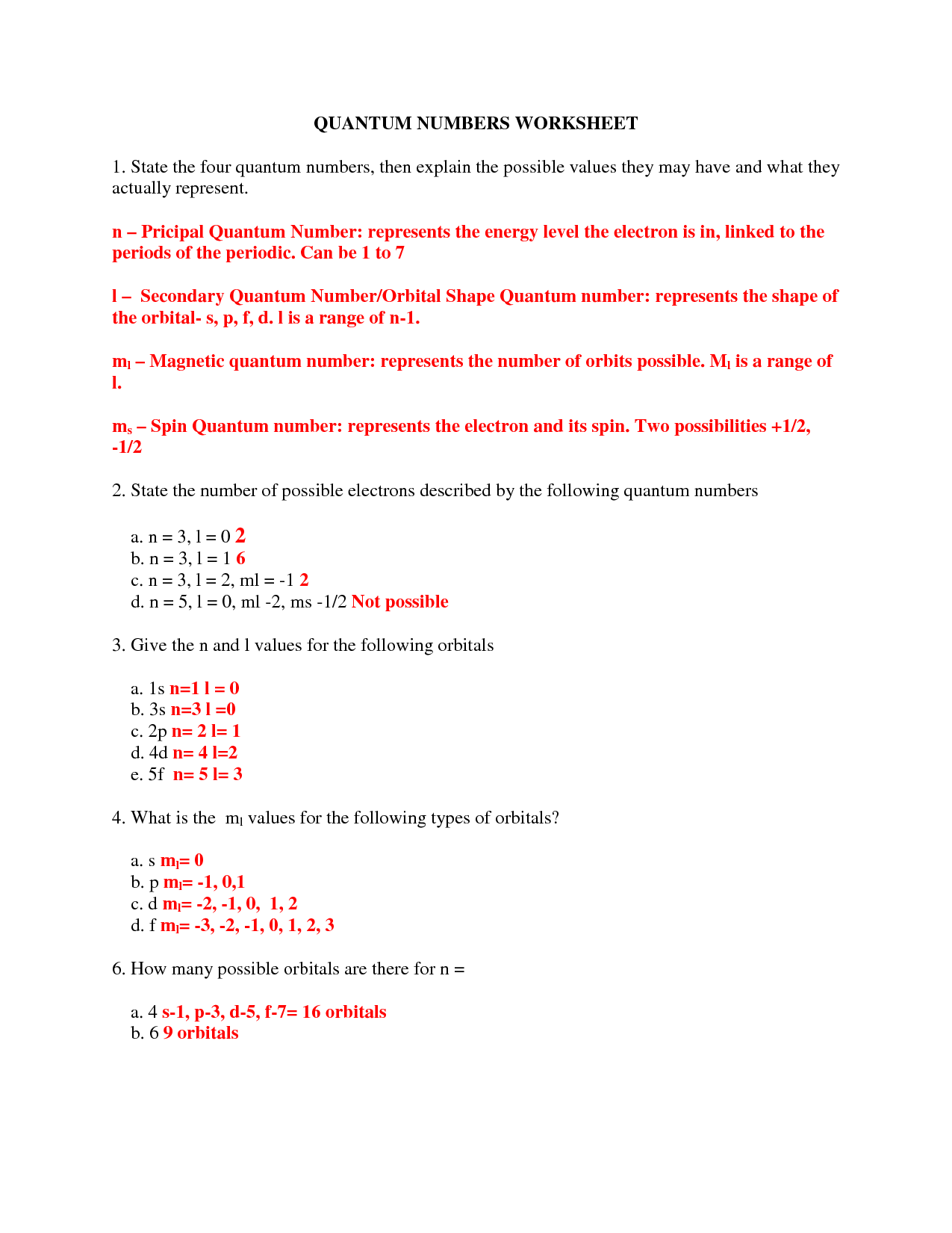 quantum numbers worksheet answers