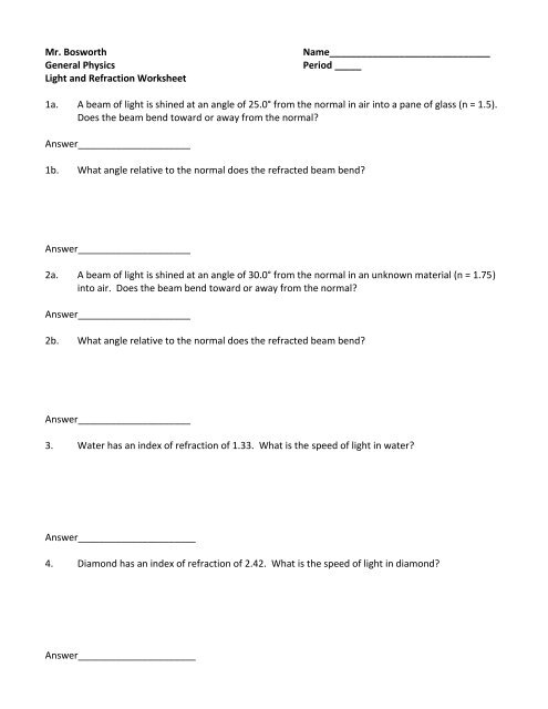 refraction worksheet