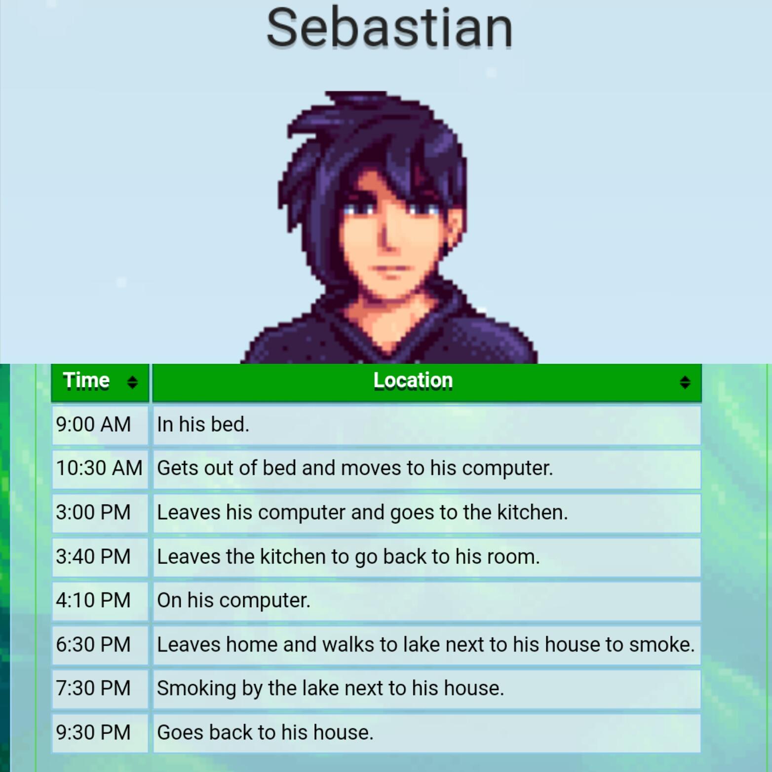 sebastian stardew valley schedule