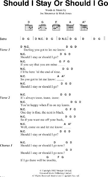 should i stay or go chords