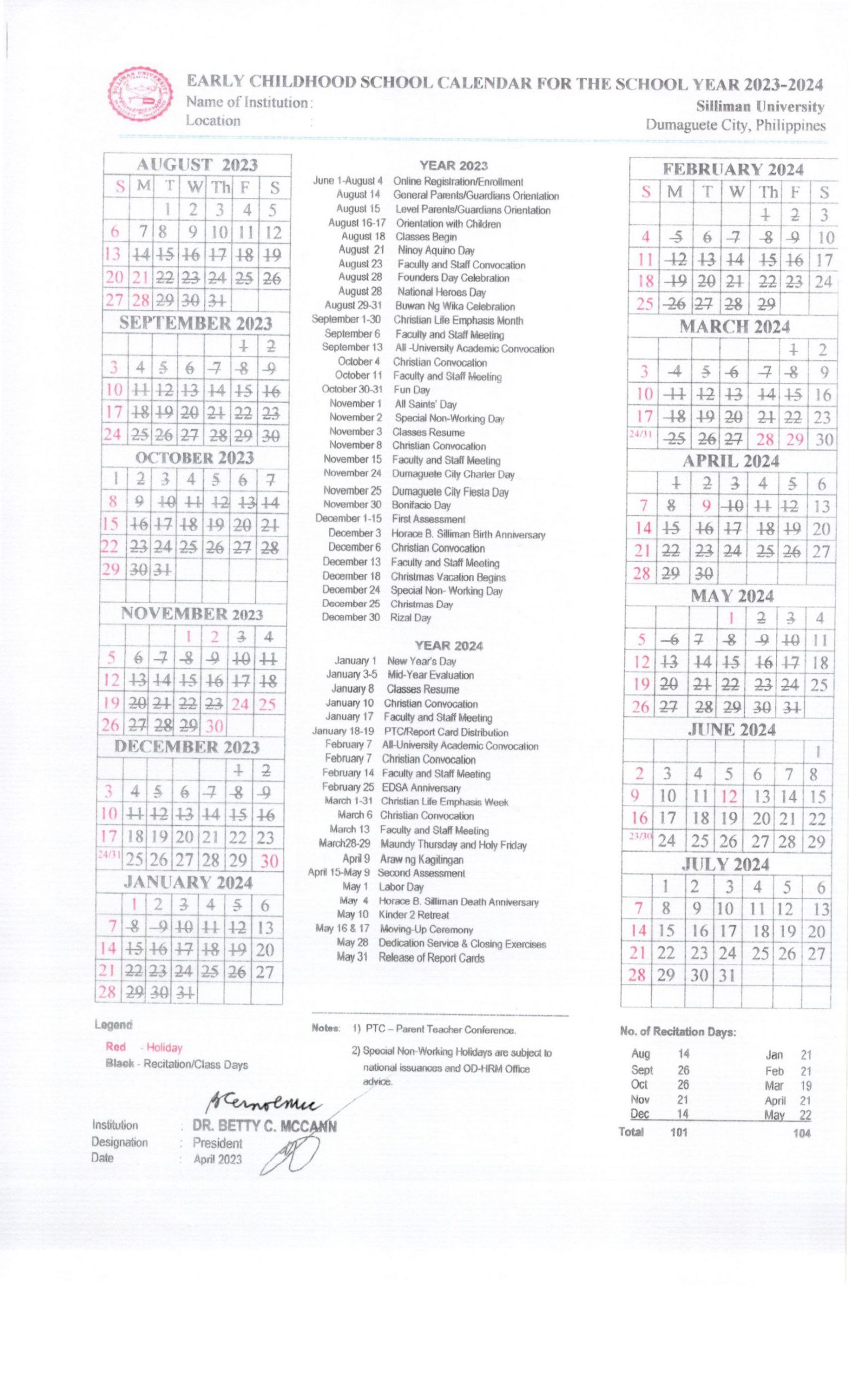 silliman university calendar