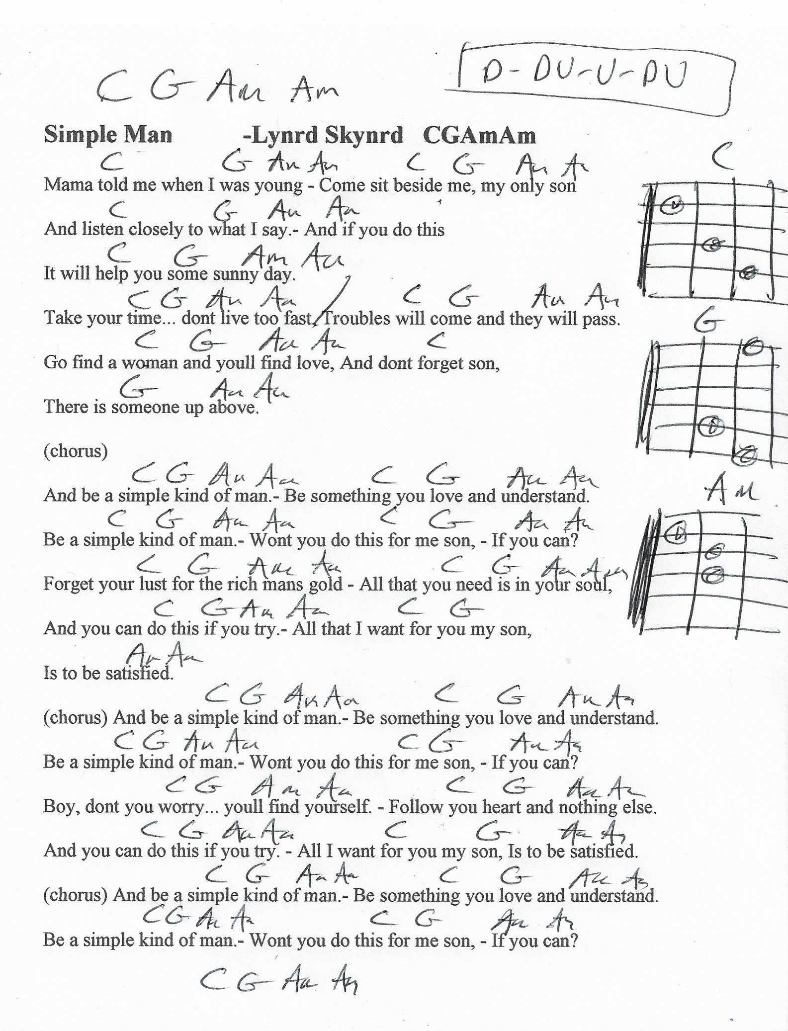 simple man chords lynyrd skynyrd