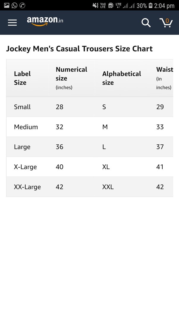 size chart on amazon