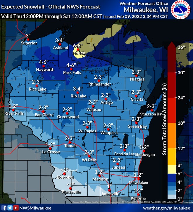 snowfall totals wisconsin today