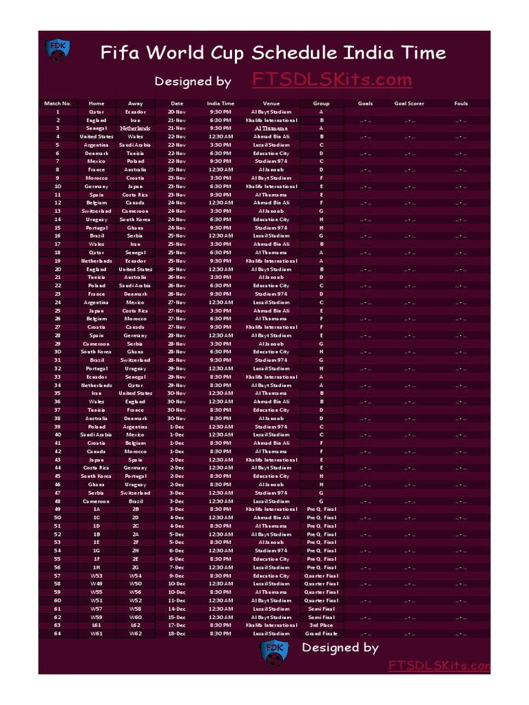 time table of fifa world cup