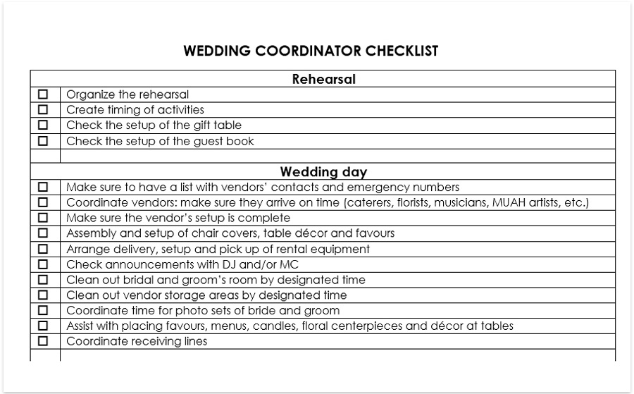 wedding coordinator checklist pdf